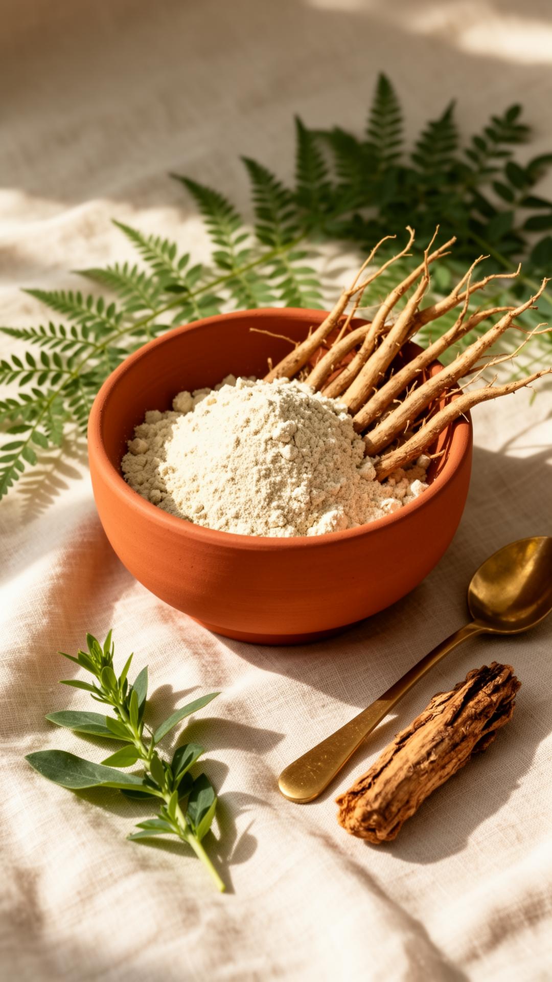 Wild Shatavari roots and powder in a terracotta bowl on ivory linen